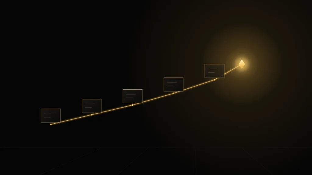 Five panels joined by a gold line that ends in a point of light