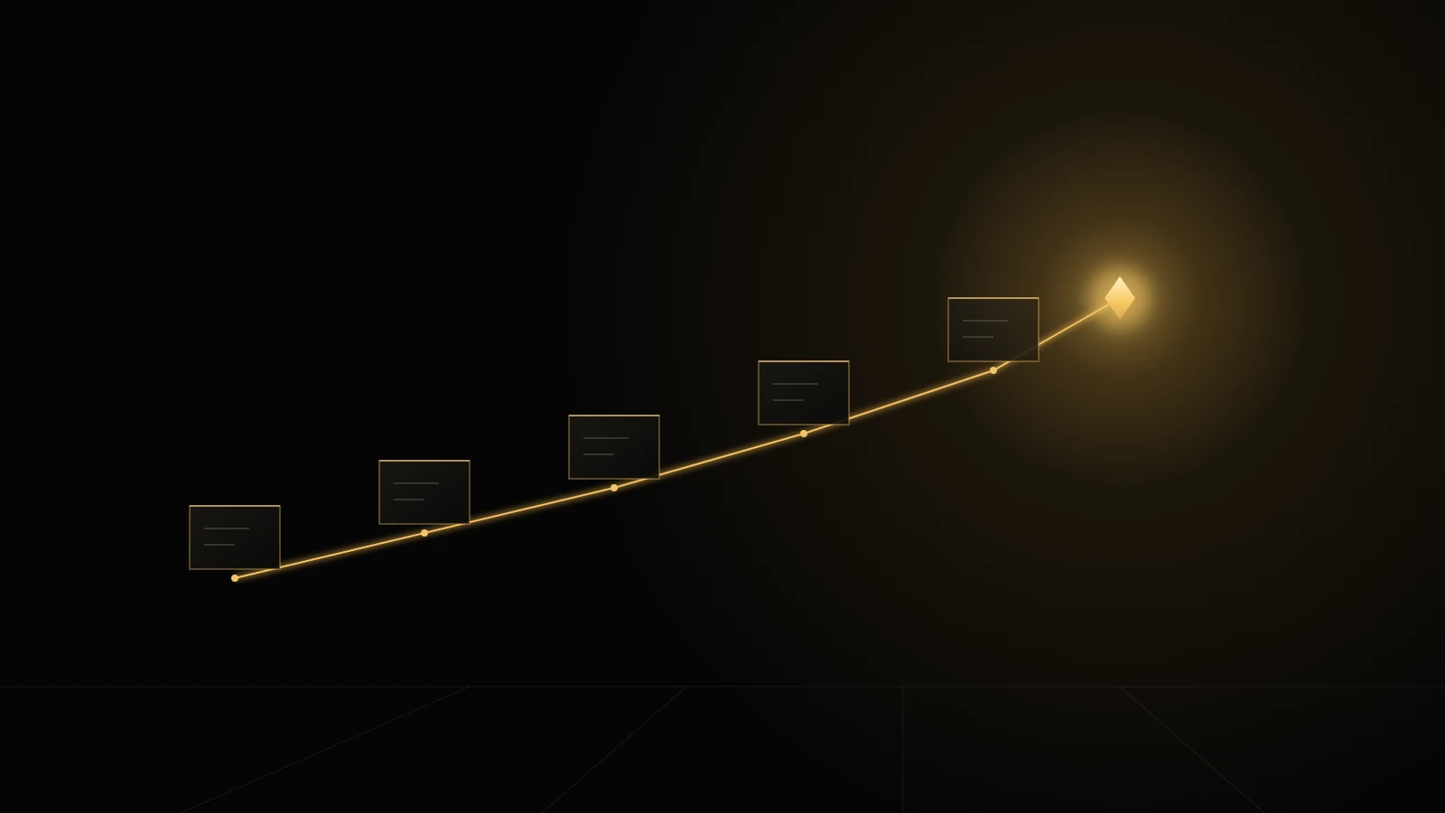 Five panels joined by a gold line that ends in a point of light